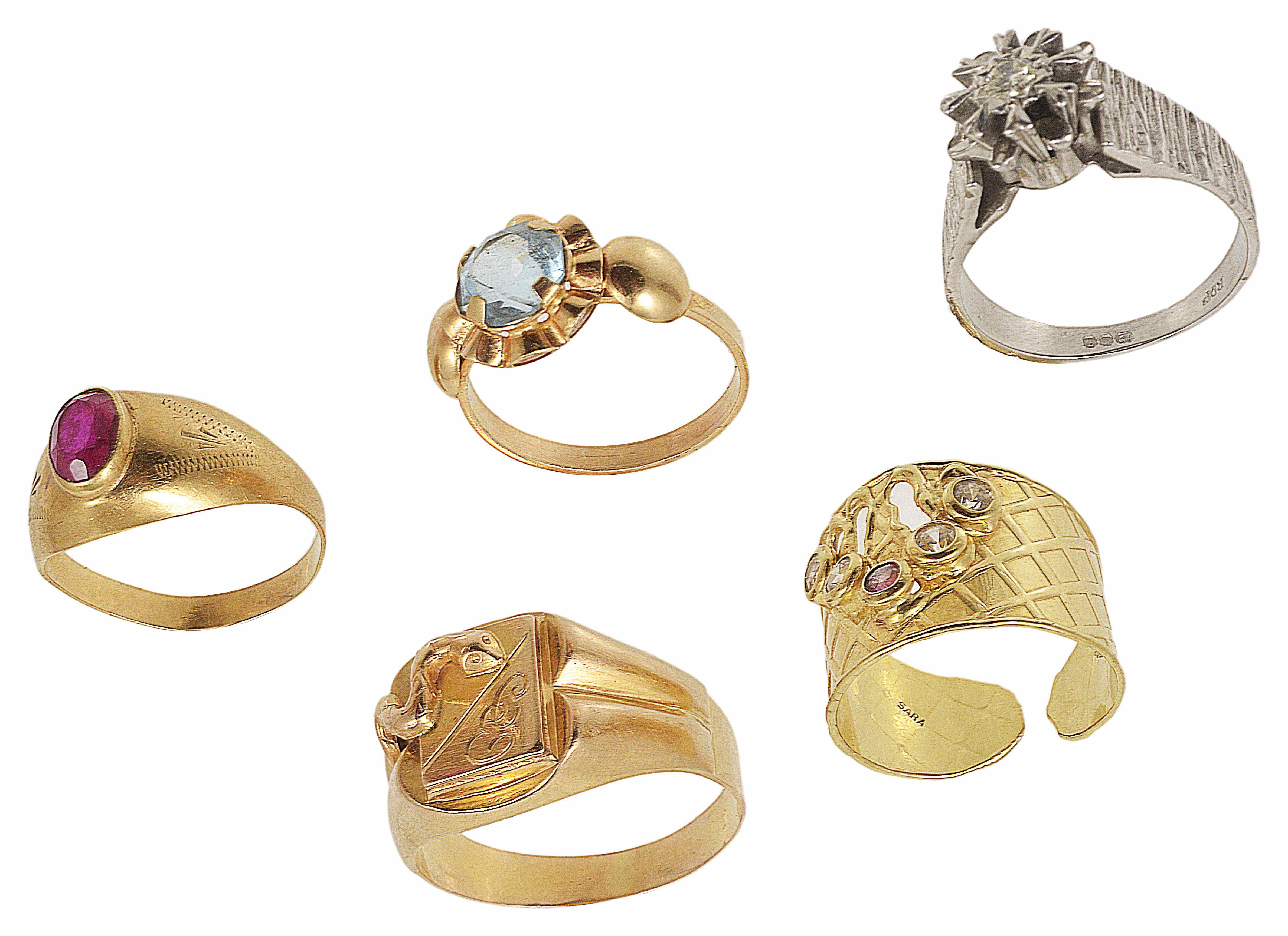 A collection of five various Continental 18ct gold mounted dress rings to include a gentleman's