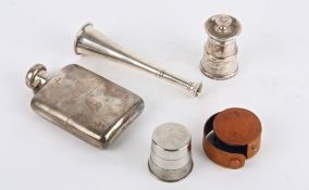 A silver hunting hip flask in the form of a hunting horn, London 1899, the twist lid, above a
