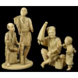 Two sectional Walrus Ivory Groups, late 19th century a father seated holding a shell and umbrella