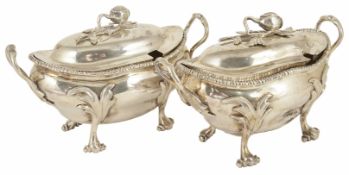 Pair of George III silver sauce tureens with covers, London 1767 each of shaped ovoid form raised