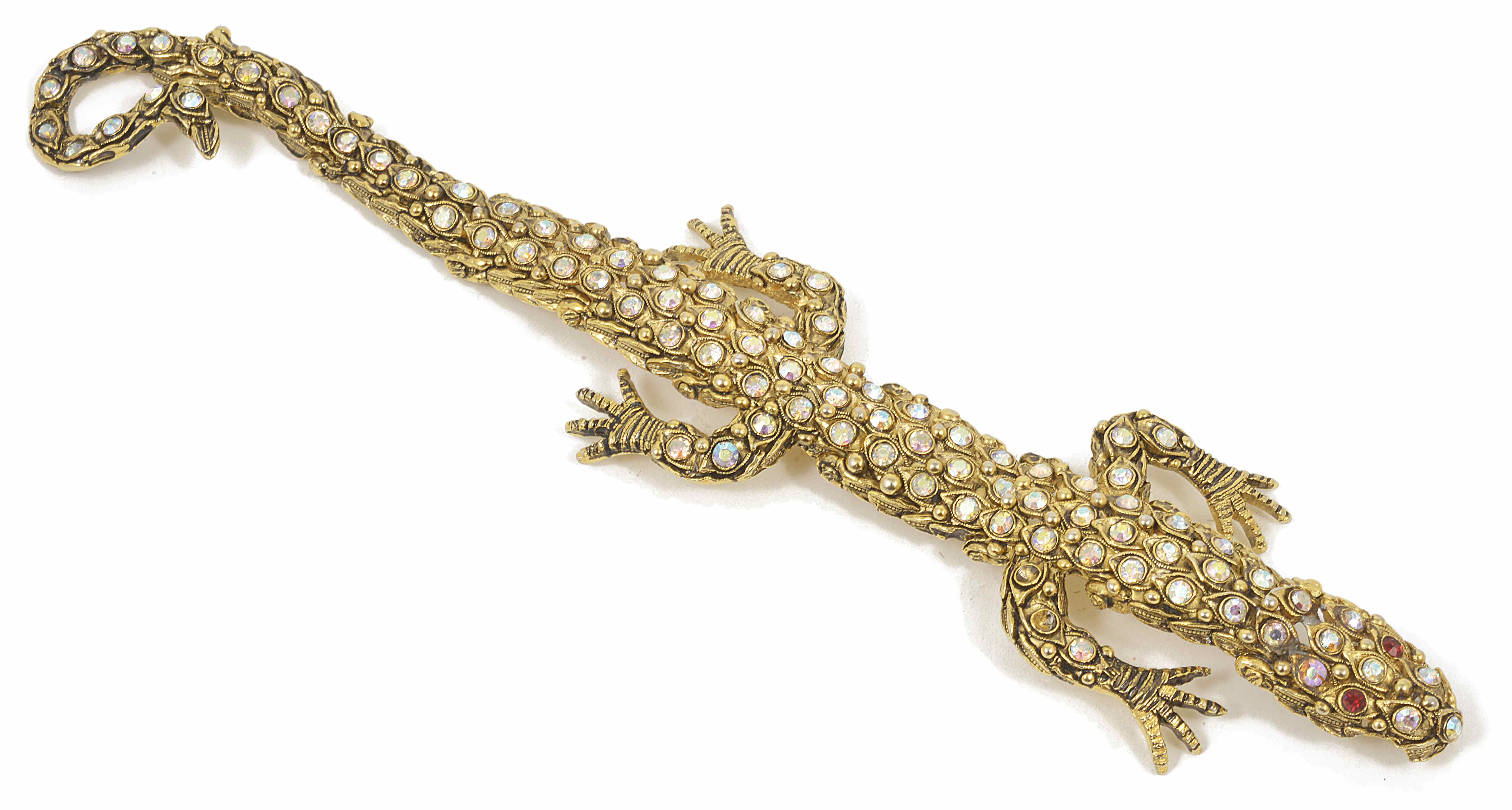 An amusing vintage articulated lizard costume bracelet set overall with arora baurealis rhinestones,