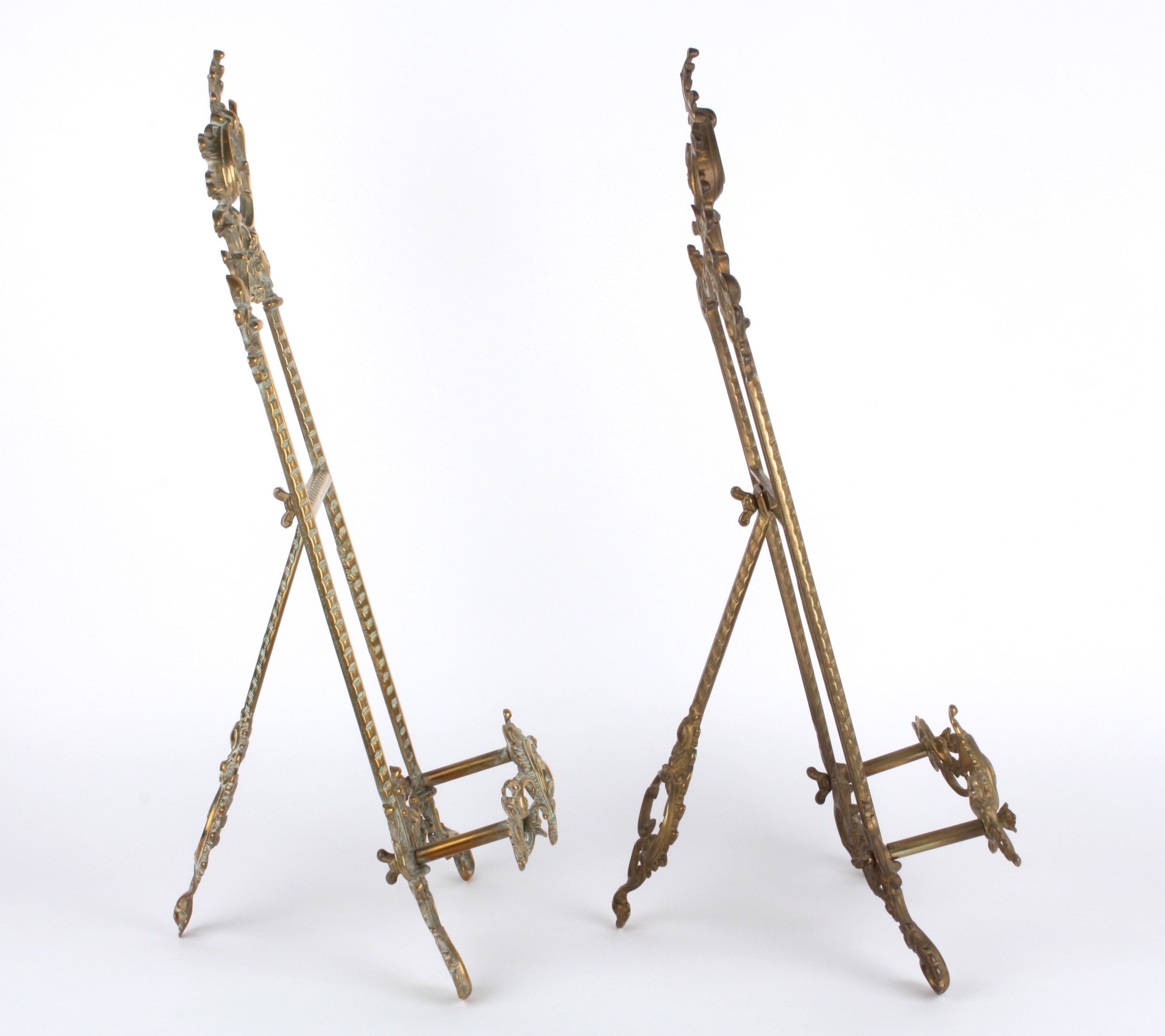 A pair of brass decorative easels, 20th century of typical easel form with pierced and scrolled - Image 2 of 2