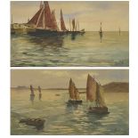 F Hebert, (French) a pair of watercolours depicting boats in full sail, in a maplewood frames,