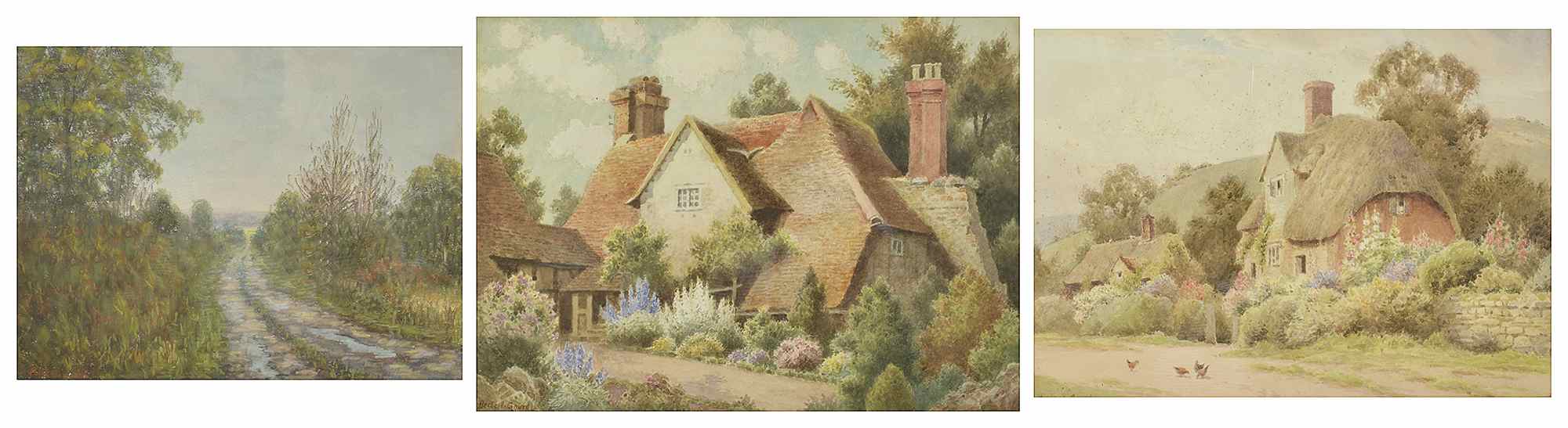 Herbert George (British born 1863) a thatched cottage with floral hedges, stone walled and