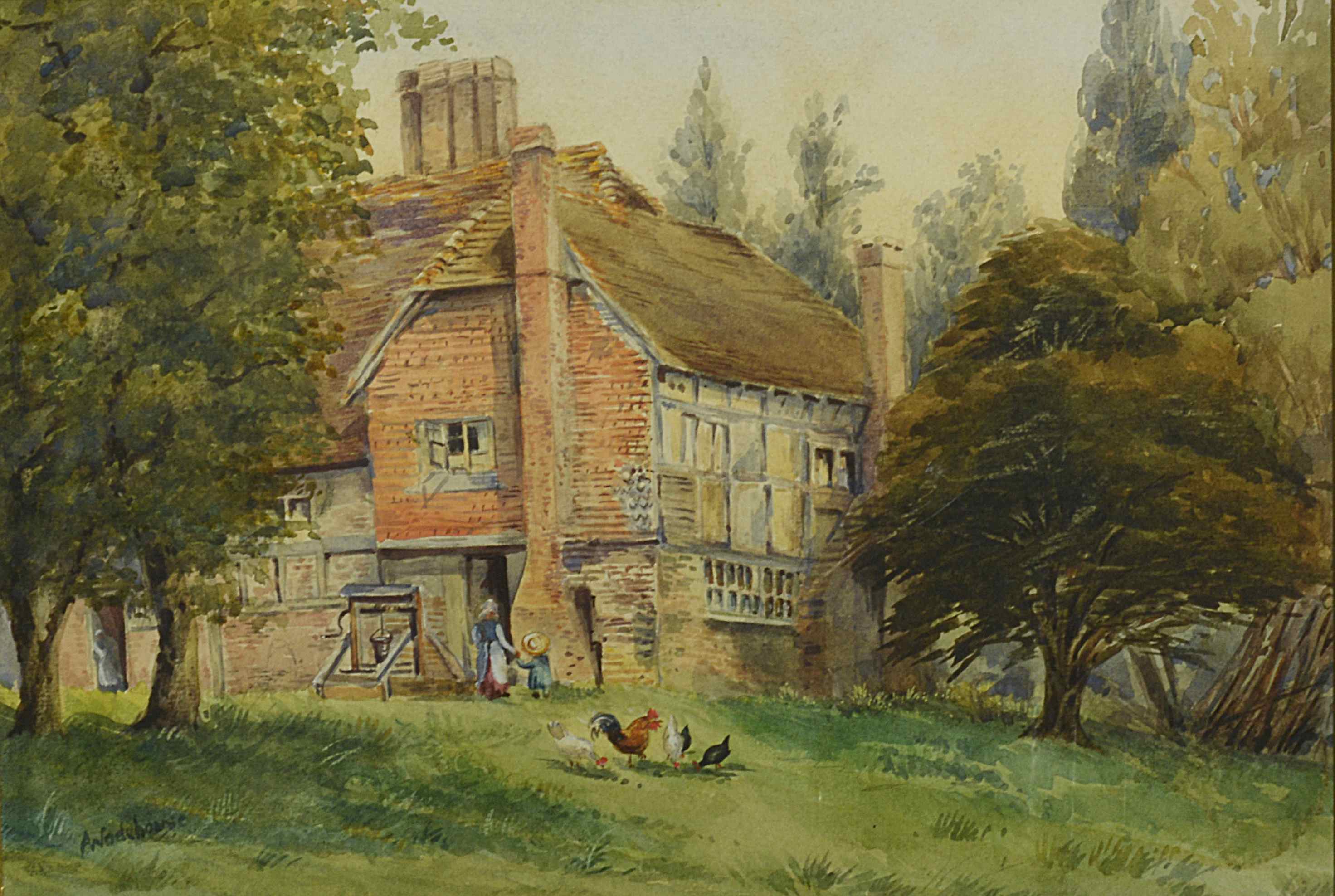 A gilt framed watercolour 'Red brick thatched house' situated in a tree lined wild garden, with