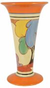 A Clarice Cliff Autumn Fantasque Bizarre trumpet vase, 20th century, painted in colours of black,