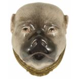 A porcelain bonbonniere or snuff box, possibly Meissen modelled as a head of a pug dog, his fur