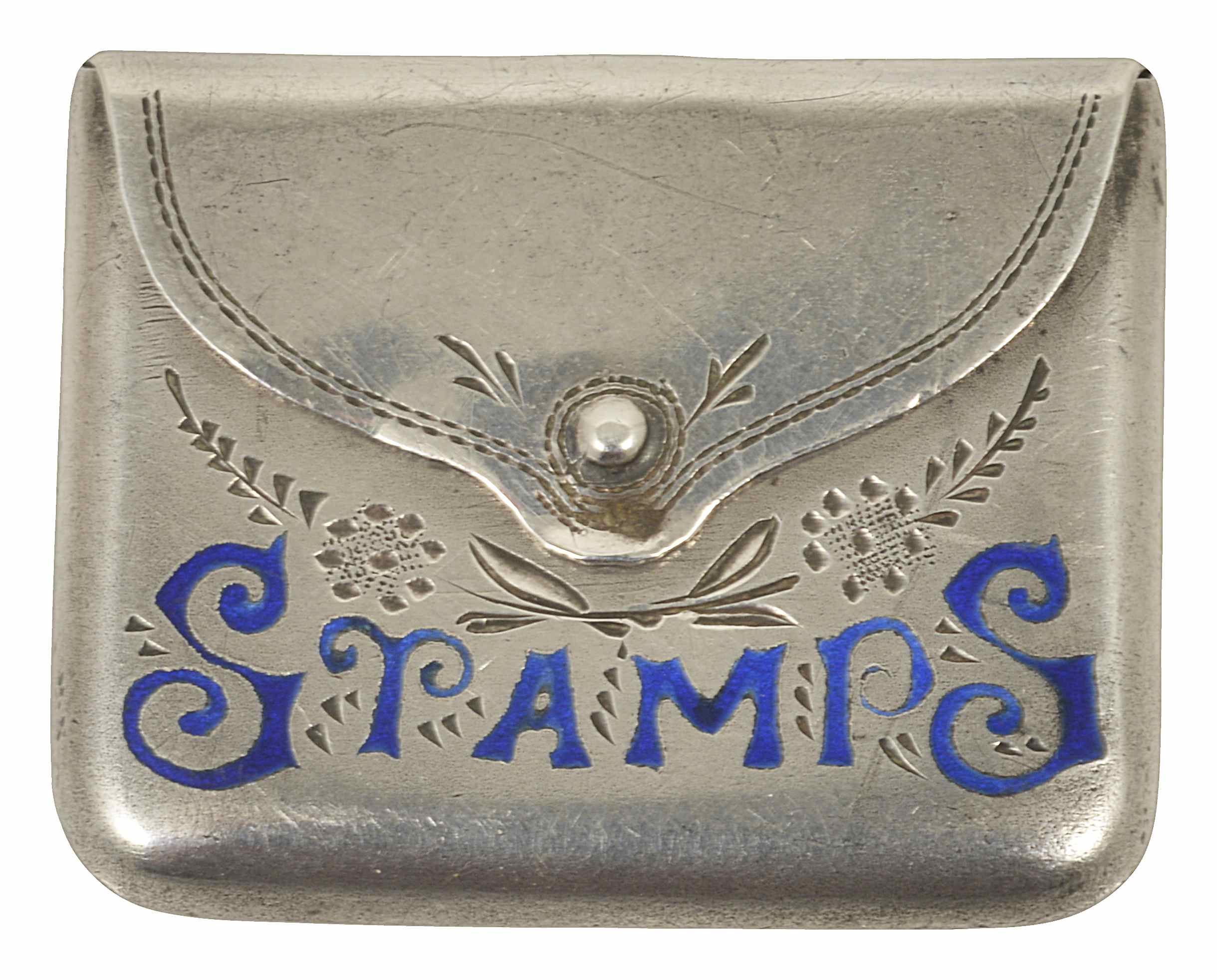 A silver stamp case in the form of an envelope hallmarked Birmingham 1912, with makers initials C&N,