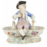 A Meissen porcelain figural basket salts, late 19th/early 20th century a young man seated