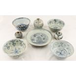 A collection of Chinese Swatow Ming dynasty blue and white pottery to include four scroll painted