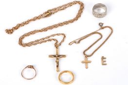 A collection of various gold jewellery to include a 22ct gold wedding band, a 9ct gold crucifix on