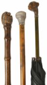 Two late 19th century walking sticks and a parasol one walking stick with silver pommel, another