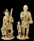 Two sectional Walrus Ivory Groups, late 19th century a father and son collecting fish, together with