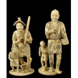 Two sectional Walrus Ivory Groups, late 19th century a father and son collecting fish, together with