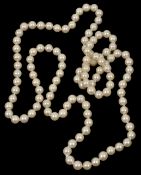 A cultured pearl opera length pearl necklace the single continuous row of even sized cultured