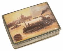 An enamel and white metal trinket box the interior stamped 925, the enamel lid with an image of