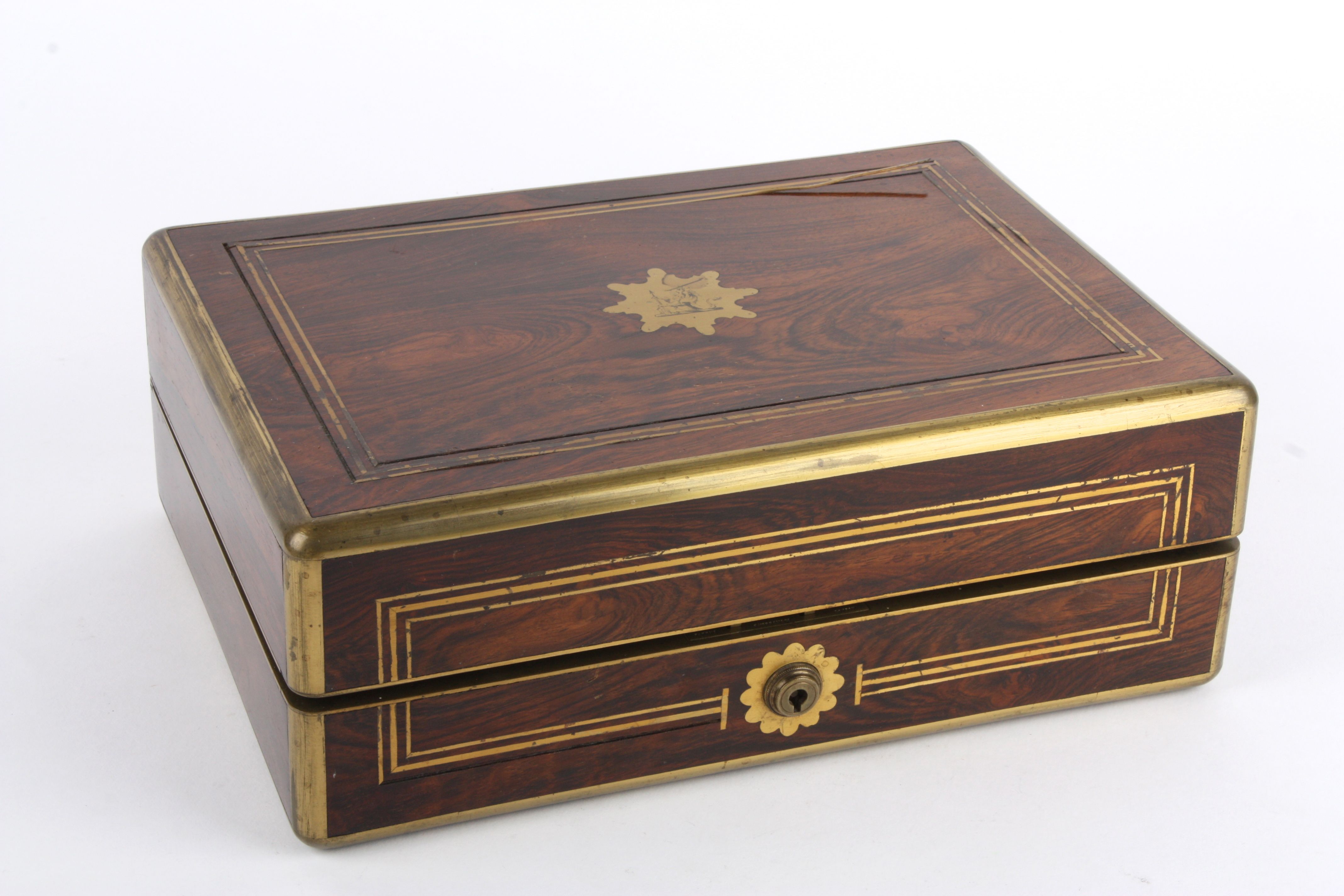 A good gentleman's Victorian fitted travelling rosewood dressing box the exterior with brass
