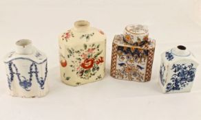 A Lowestoft porcelain tea canister, of rectangular form with blue and white garden scenes,