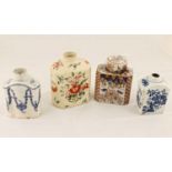 A Lowestoft porcelain tea canister, of rectangular form with blue and white garden scenes,