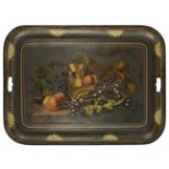 A Victorian Tole style tray of rectangular form with cut out handles, the centre painted with a