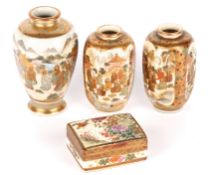 Three Japanese Satsuma vases and a trinket box, circa 1900 the first angular cylindrical vase