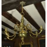 Dutch style brass six branch candle chandelier, early 20th century the central tapering baluster