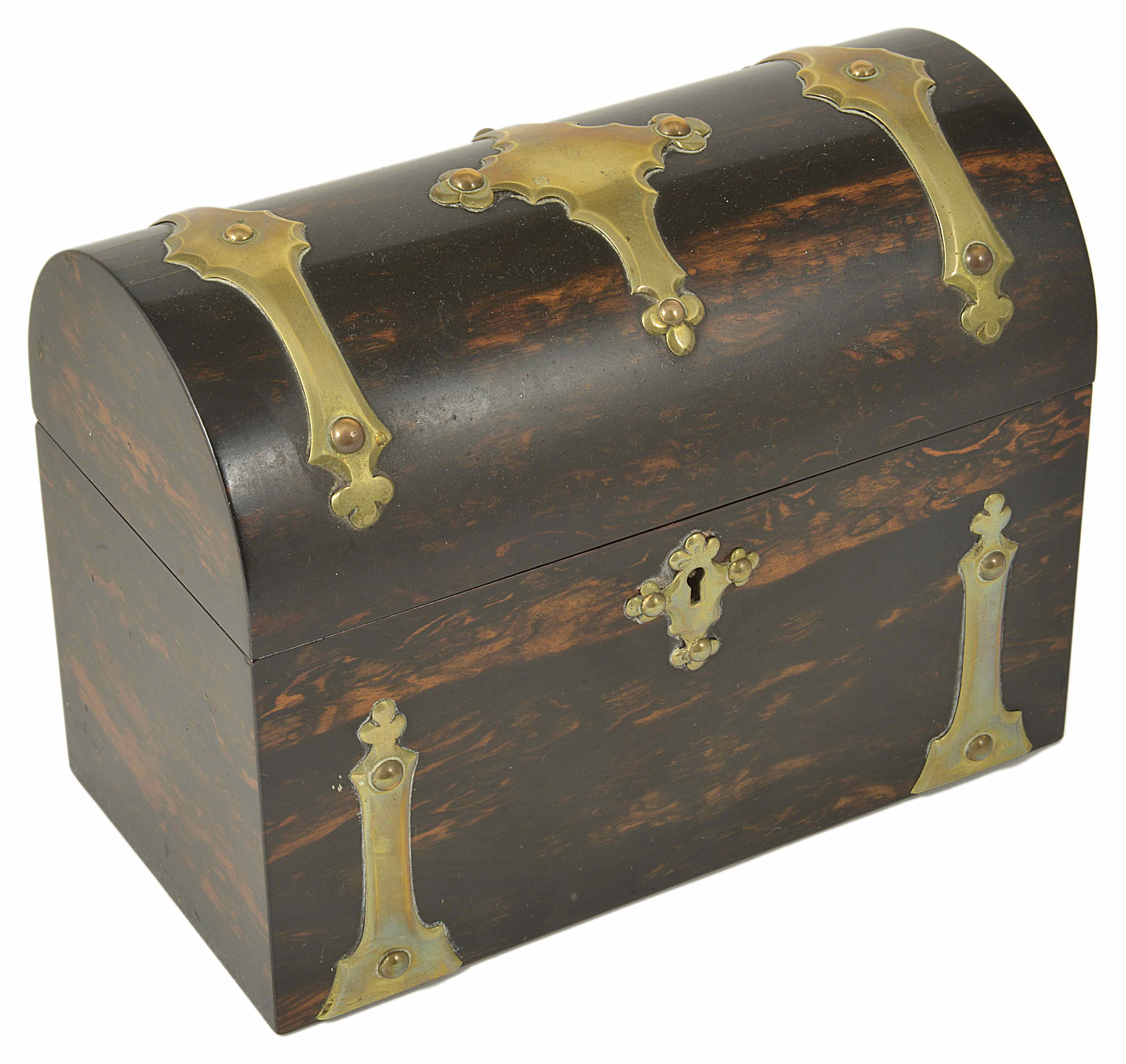 A 19th century Coromandel dome top tea caddy with metal strapping and escutcheon, the hinged lid