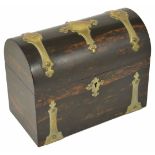 A 19th century Coromandel dome top tea caddy with metal strapping and escutcheon, the hinged lid