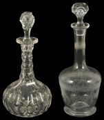 An Edwardian glass decanter with foliate and hatched decoration, together with another decanter with