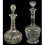 An Edwardian glass decanter with foliate and hatched decoration, together with another decanter with