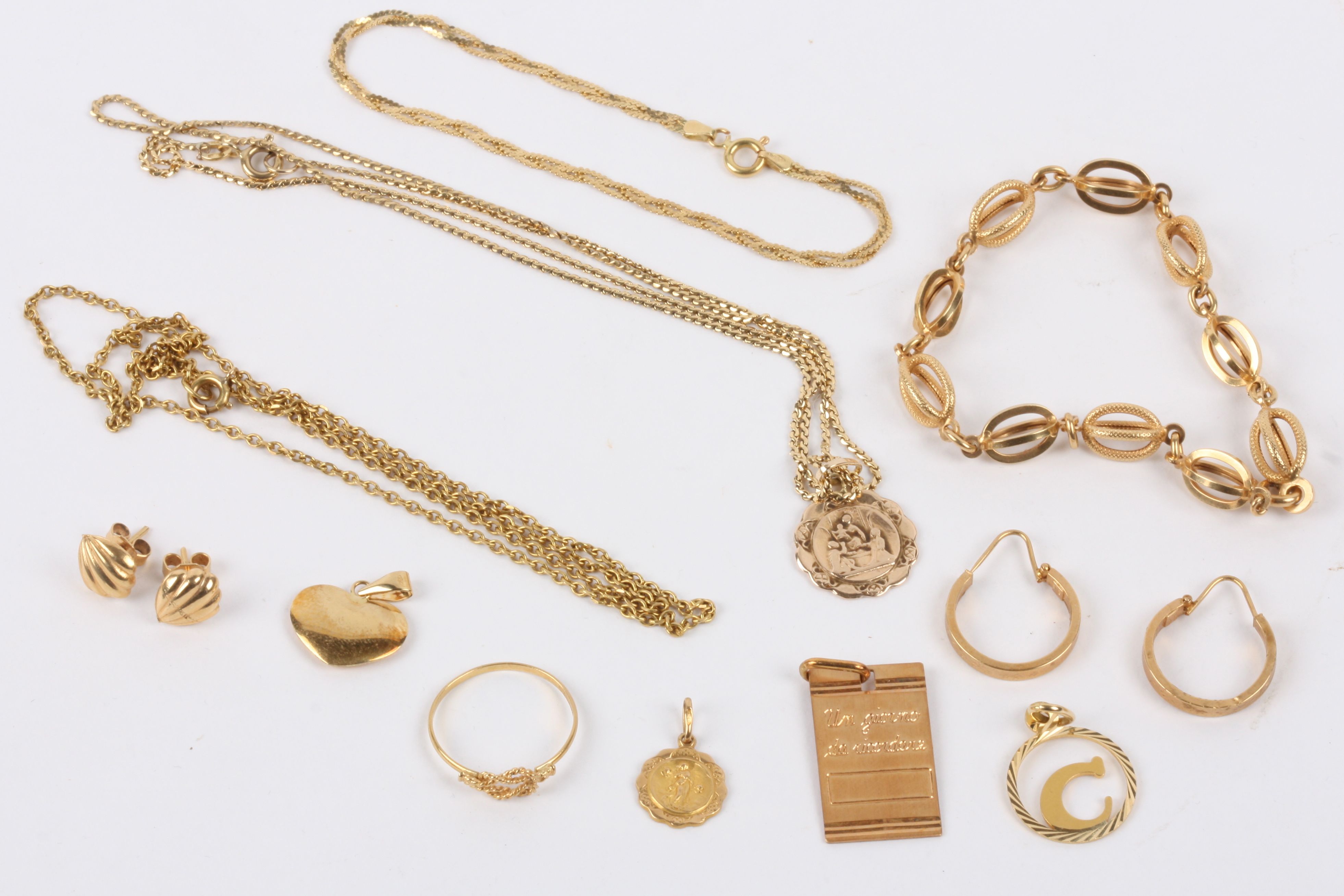 A small collection of Continental 18ct gold jewellery to include a fancy open bead link bracelet,