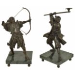 A pair of bronze Oriental warriors, 20th century each figure standing, one aiming a bow and the