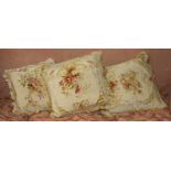 Four matching cushions made from 18th century Aubusson floral tapestry of rose and ribbon design (4)