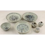 Three Chinese Swatow blue and white plates, late Ming to include a dish with central painted