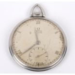 A stainless steel cased Omega gentleman's pocket watch the dial with Roman numerals and subsidiary