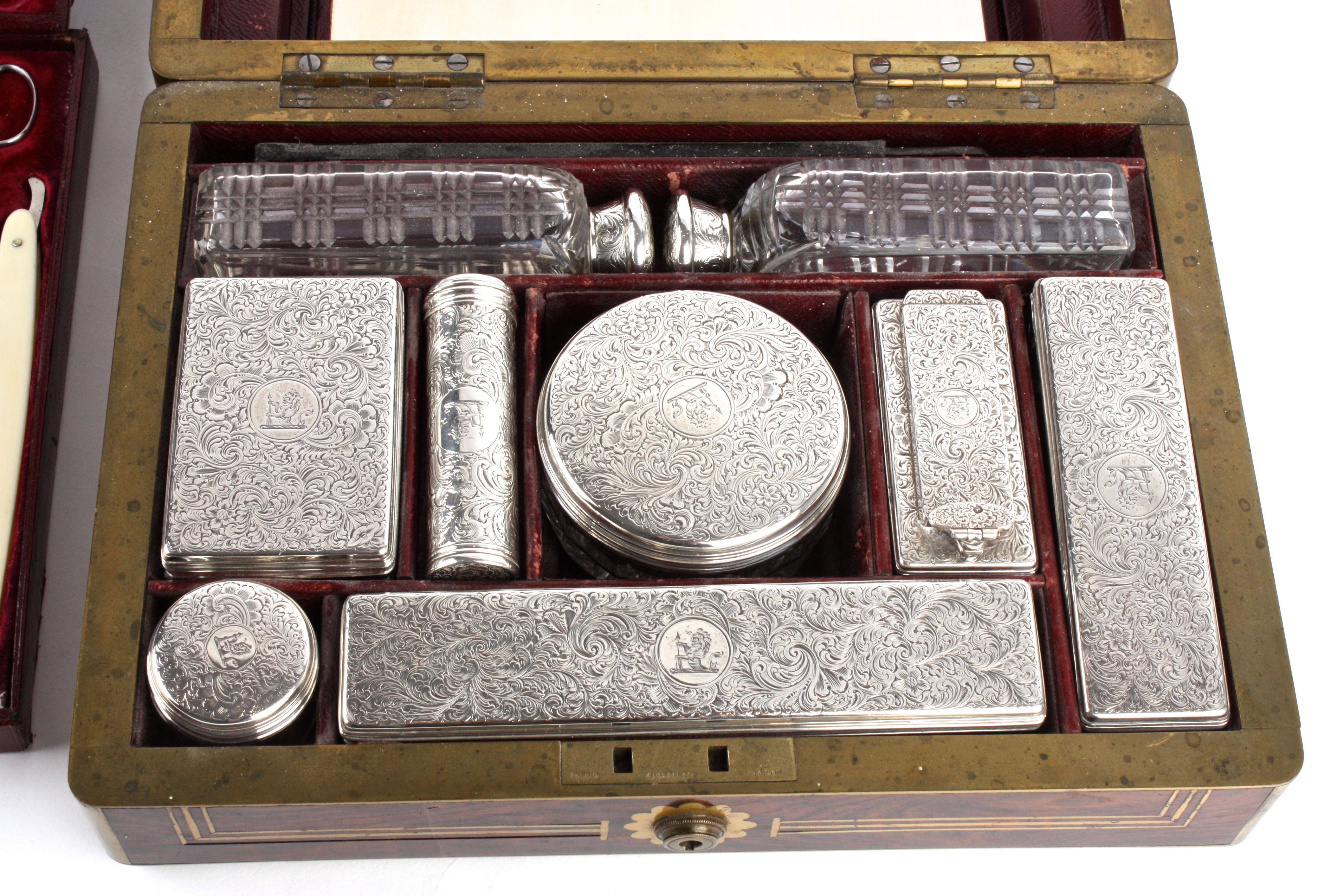 A good gentleman's Victorian fitted travelling rosewood dressing box the exterior with brass - Image 3 of 4