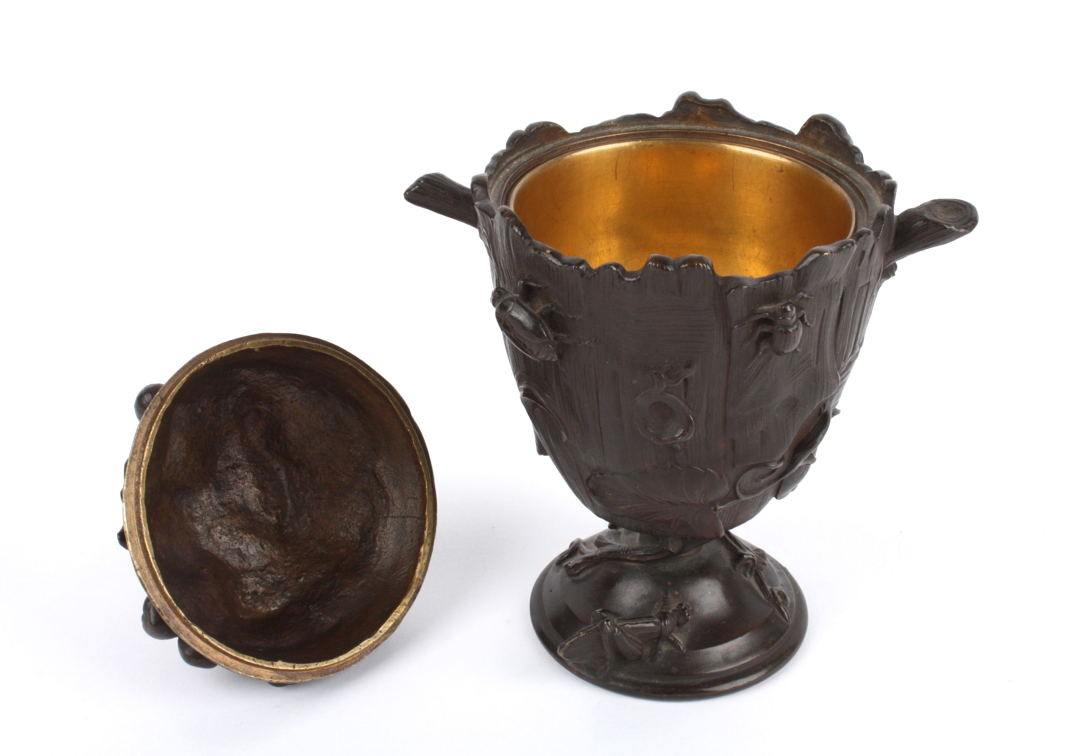 A bronze pedestal cup and cover, 20th century the baluster shaped body of the cup depicting a tree - Image 2 of 2