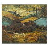 A British School framed oil on canvas abstract scene with a house and trees in the distance in