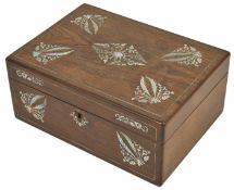 A rosewood veneered and mother-of-pearl jewellery box opening to reveal a compartment silk lined