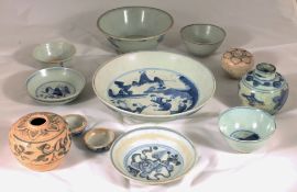 A interesting collection of Chinese Swatow blue and white wares, late Ming to include a circular
