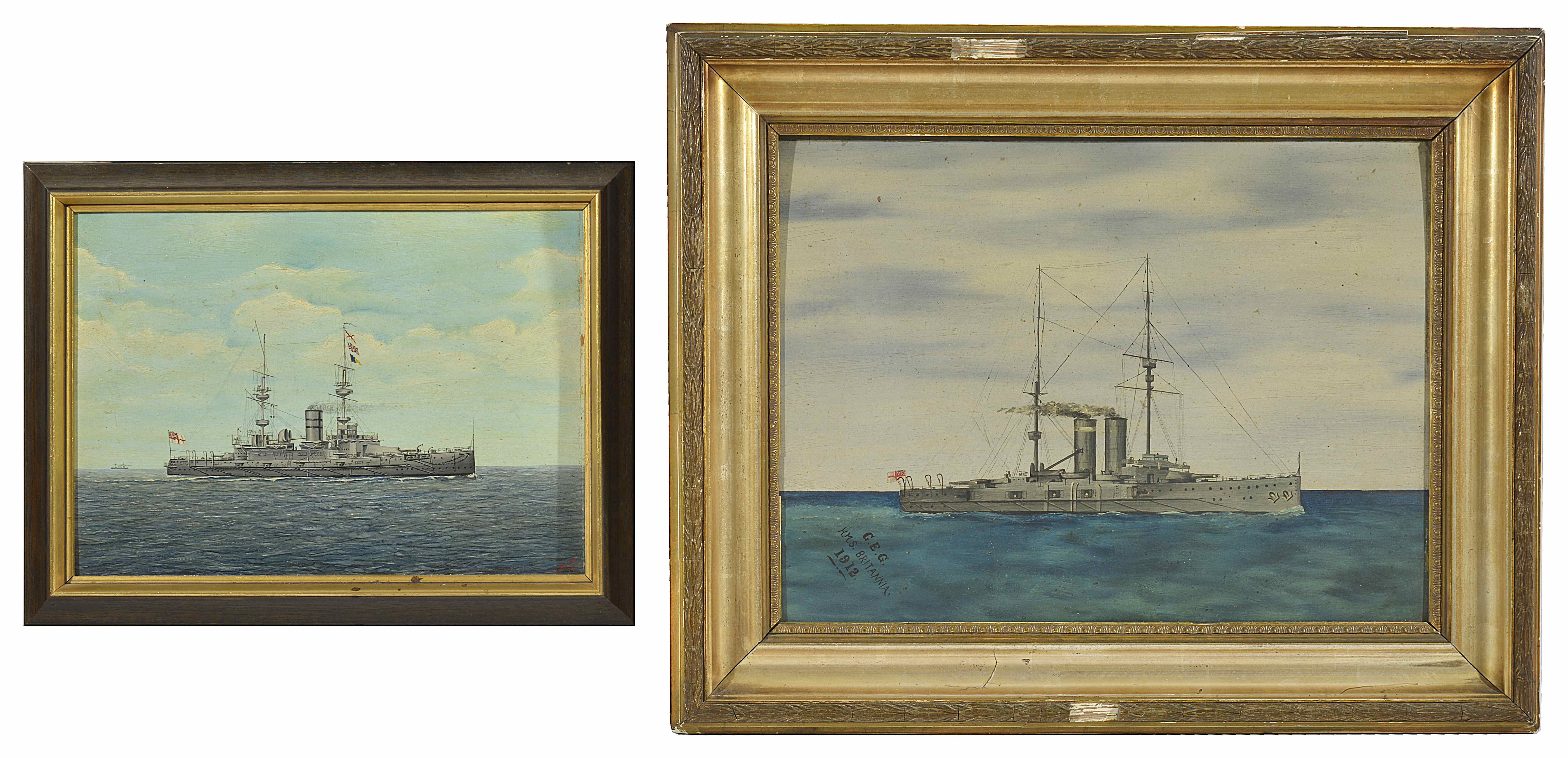 British School 'HMS Britannia' depicting the ship at sea, signed lower left G.E.G HMS Britannia