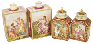 A pair of Royal Vienna porcelain tea caddies, 19th century of rectangular form, with figural painted