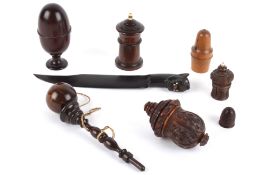 A nice collection of turned and carved treen sewing accoutrements, 19th century and later comprising