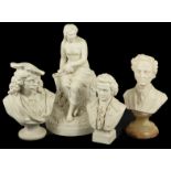 A collection of four late 19th century parian busts including Mozart in typical dress upon a