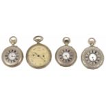 Three silver half hunter pocket watches, late 19th century together with a chrome cased pedometer (
