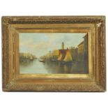 A 19th Century Continental Neapolitan gondola river scene oil on canvas, with waiting gondolas and
