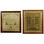 Two mid 19th Century oak framed samplers the first embroidered with verse and coloured threads