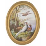 A late 19th Century oval painted porcelain panel depicting grouse/pheasant in woodland