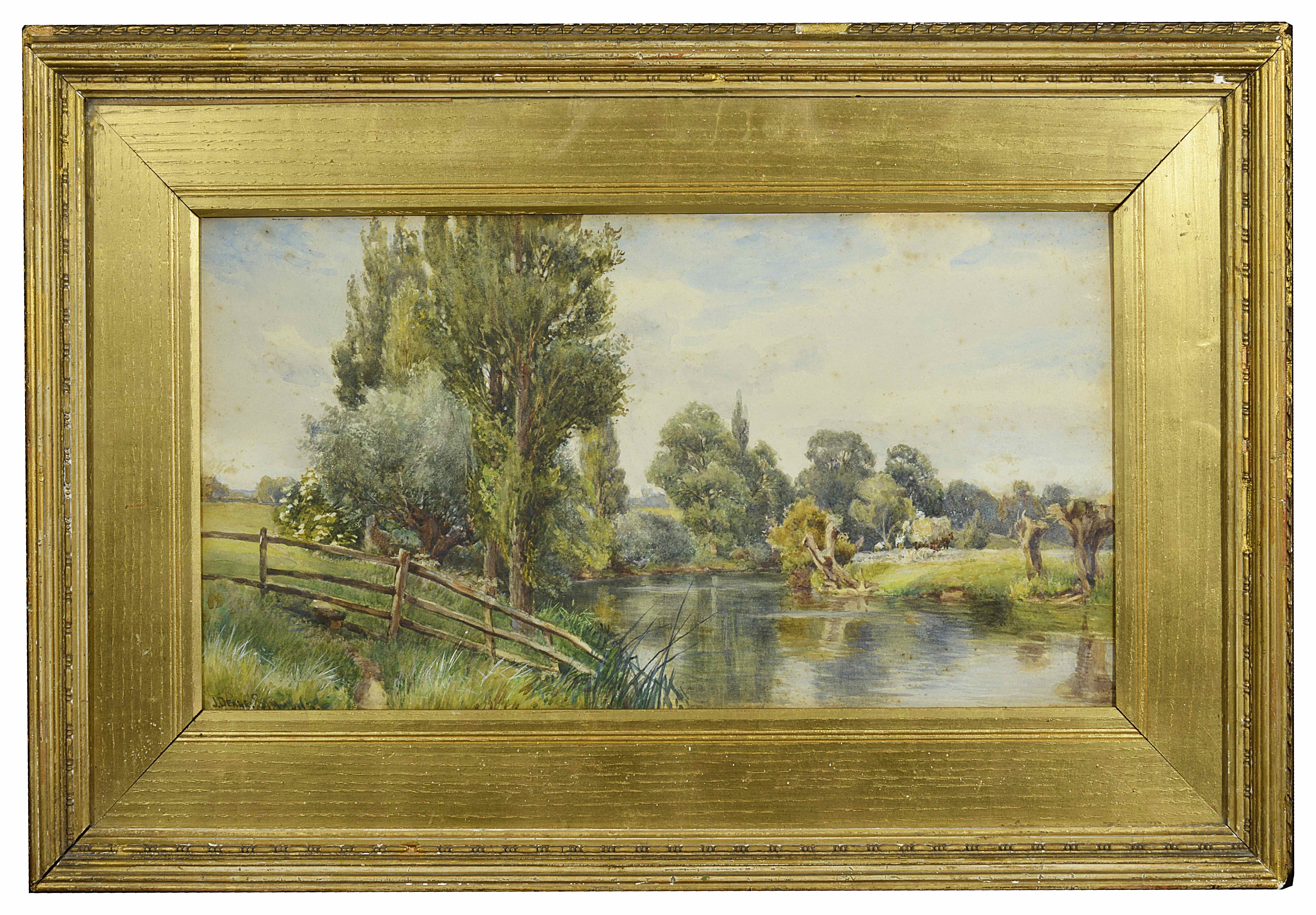 Early 19th Century watercolour and another watercolour the former, tree lined river bank with