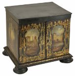 A Grand Tour style papier-m?ch? and ebonised table cabinet of rectangular form, the exterior